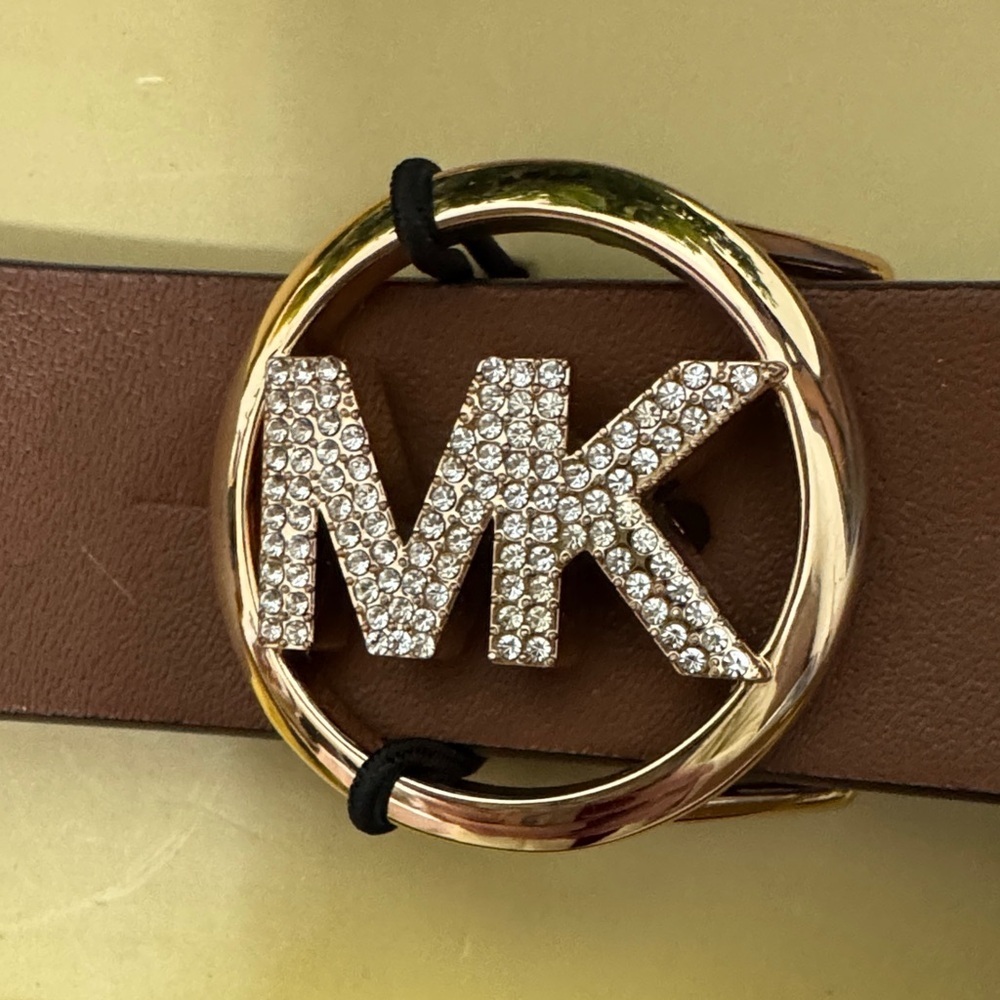 Michael Kors Brown Leather Belt with Gold MK Logo NIB - Picture 2 of 5